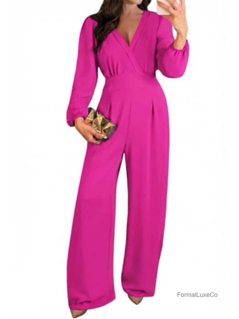 Women's Long Sleeve V-Neck Wide Leg Jumpsuit with Pockets